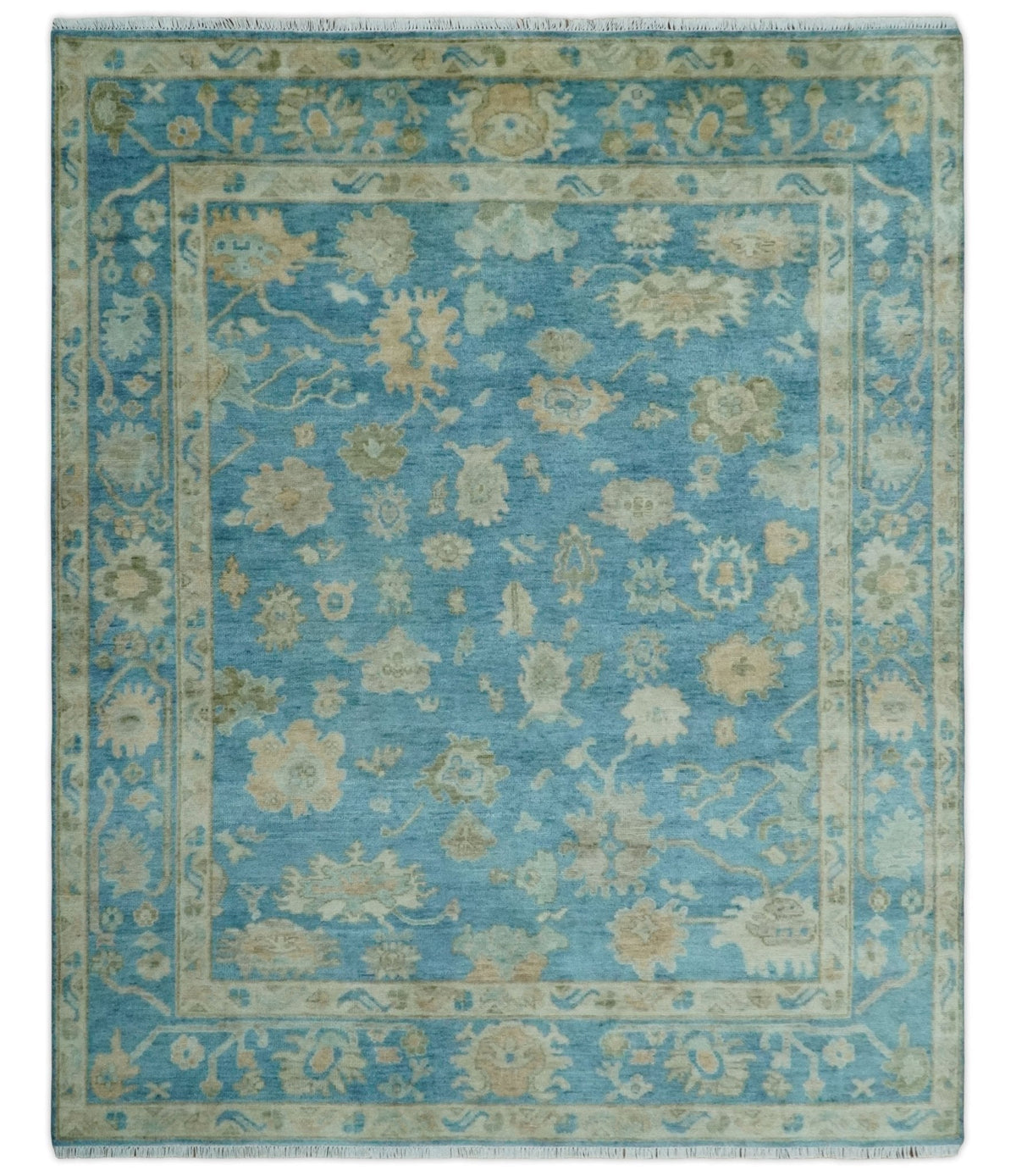 Custom Made Oushak Hand Knotted Blue and Beige Traditional Wool Rug.