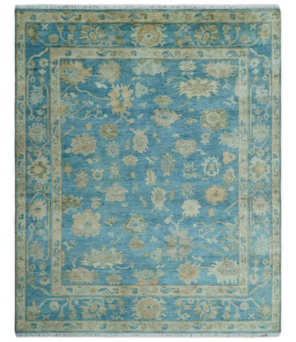 Custom Made Oushak Hand Knotted Blue and Beige Traditional Wool Rug.