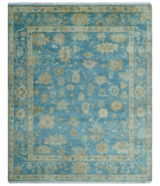 Custom Made Oushak Hand Knotted Blue and Beige Traditional Wool Rug.