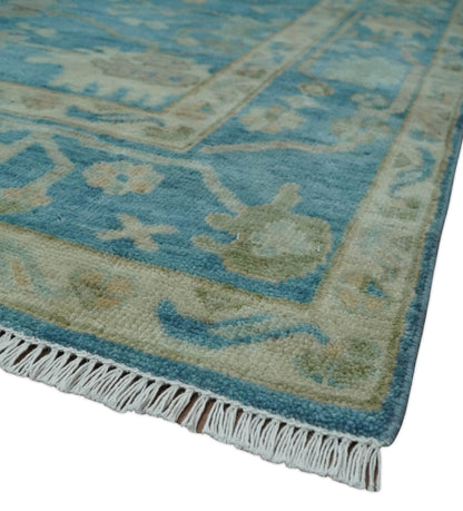 Custom Made Oushak Hand Knotted Blue and Beige Traditional Wool Rug.