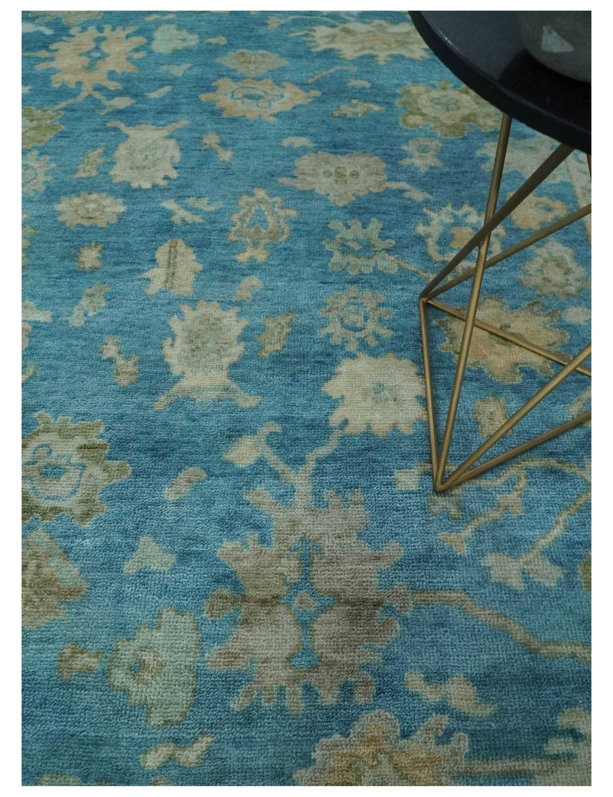 Custom Made Oushak Hand Knotted Blue and Beige Traditional Wool Rug.