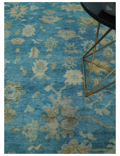 Custom Made Oushak Hand Knotted Blue and Beige Traditional Wool Rug.