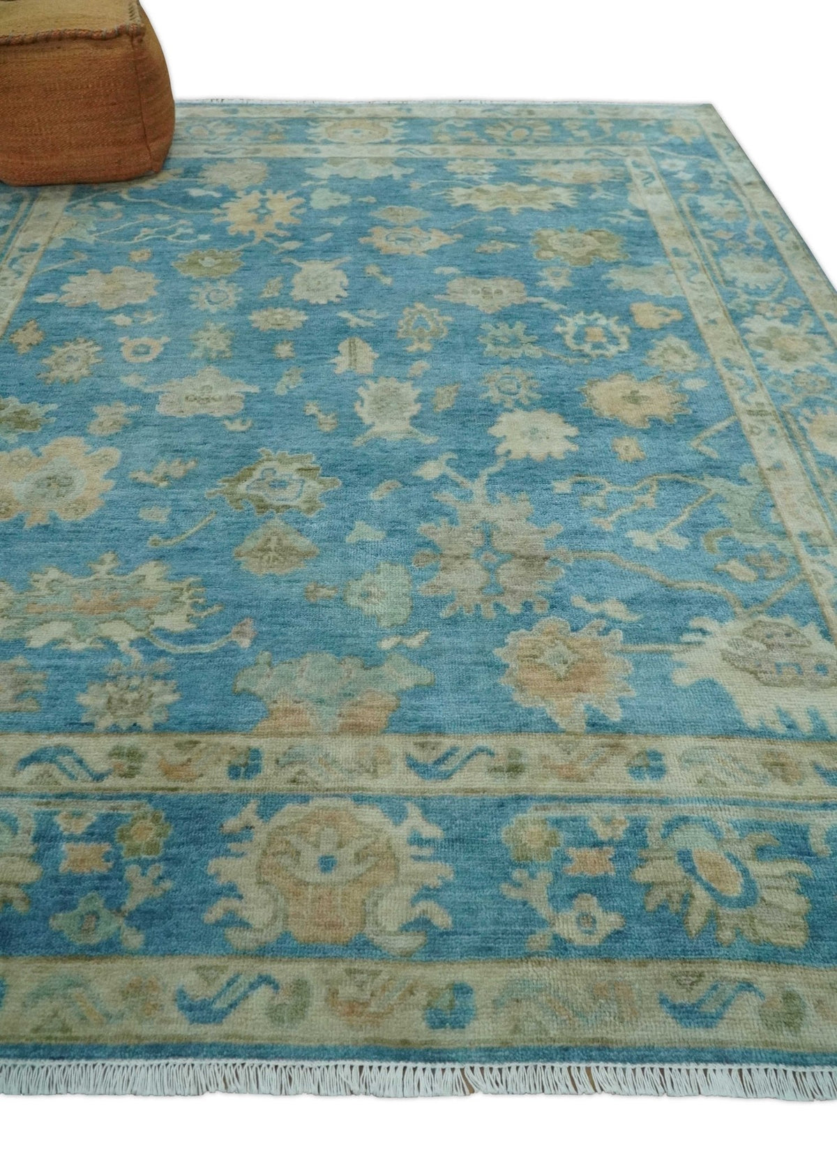 Custom Made Oushak Hand Knotted Blue and Beige Traditional Wool Rug.