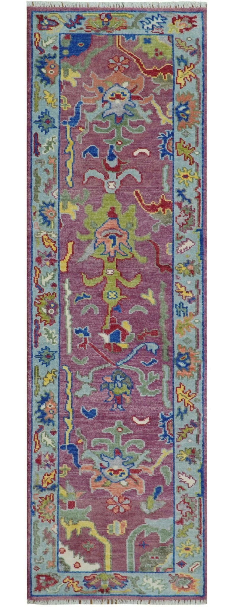 Custom Made Oushak Pink And Blue Runner Hand Knotted Wool Rug.