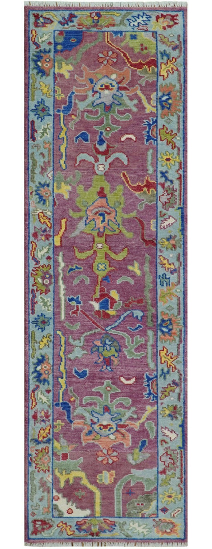 Custom Made Oushak Pink And Blue Runner Hand Knotted Wool Rug.