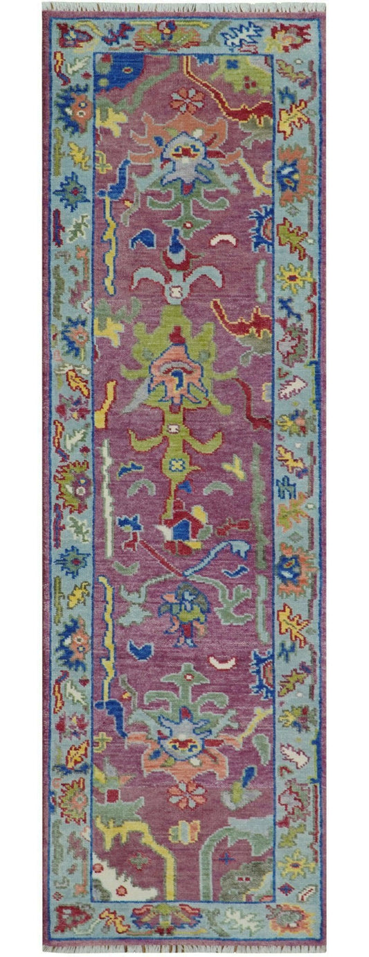 Custom Made Oushak Pink And Blue Runner Hand Knotted Wool Rug.