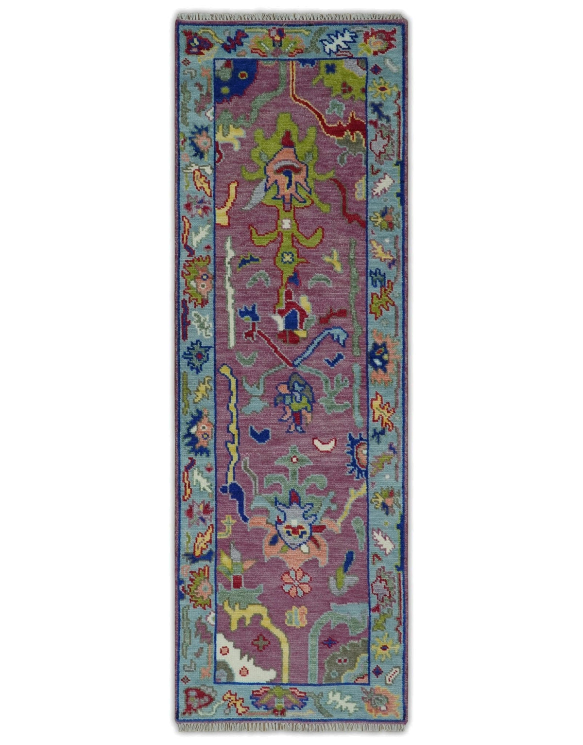 Custom Made Oushak Pink And Blue Runner Hand Knotted Wool Rug.