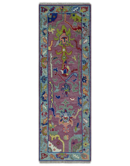 Custom Made Oushak Pink And Blue Runner Hand Knotted Wool Rug.