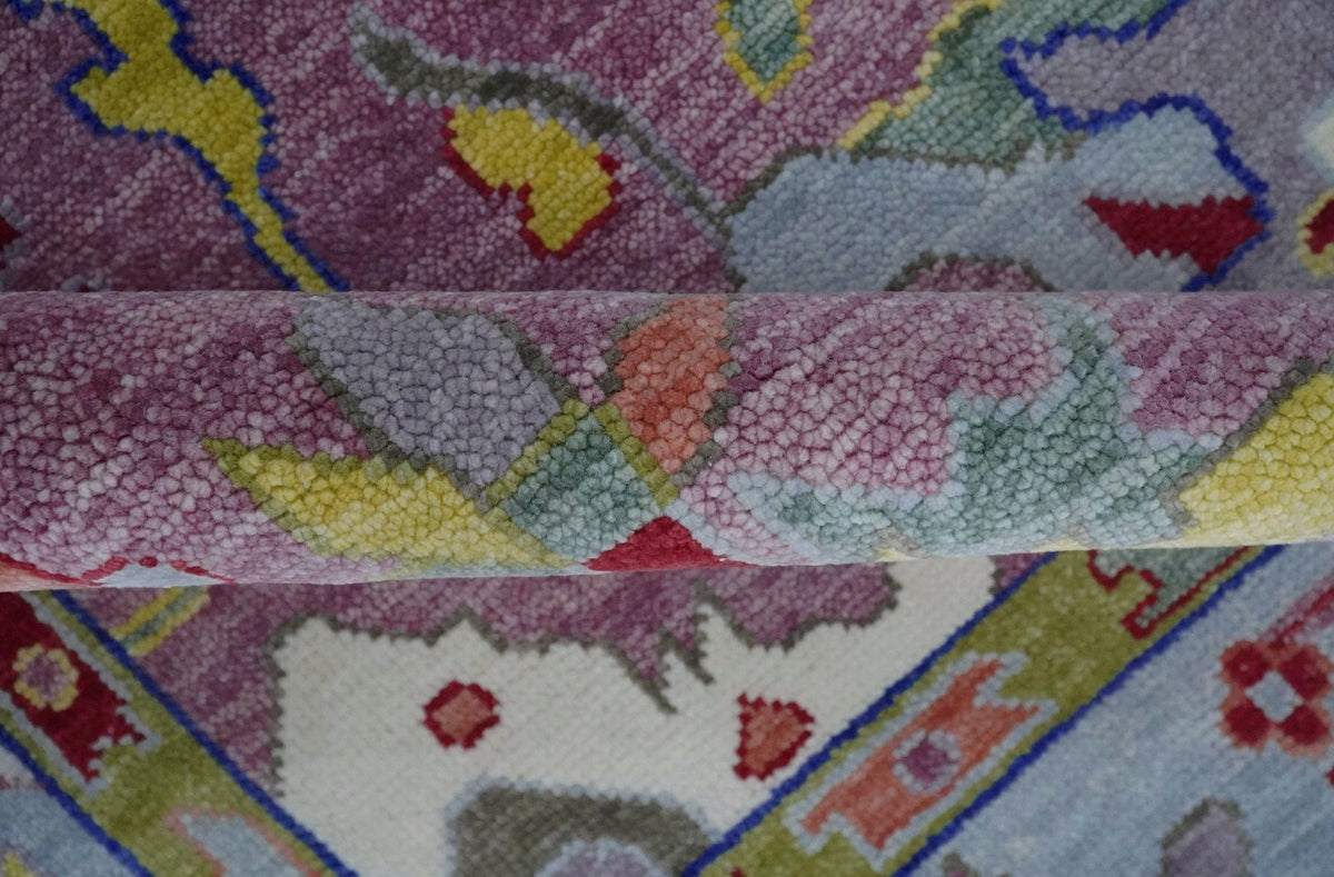 Custom Made Oushak Pink And Blue Runner Hand Knotted Wool Rug.
