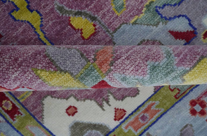 Custom Made Oushak Pink And Blue Runner Hand Knotted Wool Rug.