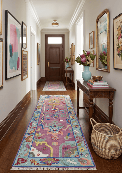Custom Made Oushak Pink And Blue Runner Hand Knotted Wool Rug.