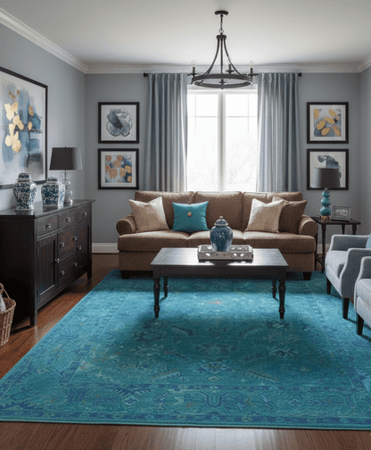 Custom Made Overdyed Traditional Oushak Blue Hand Tufted Wool Area Rug.