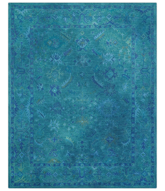 Custom Made Overdyed Traditional Oushak Blue Hand Tufted Wool Area Rug.