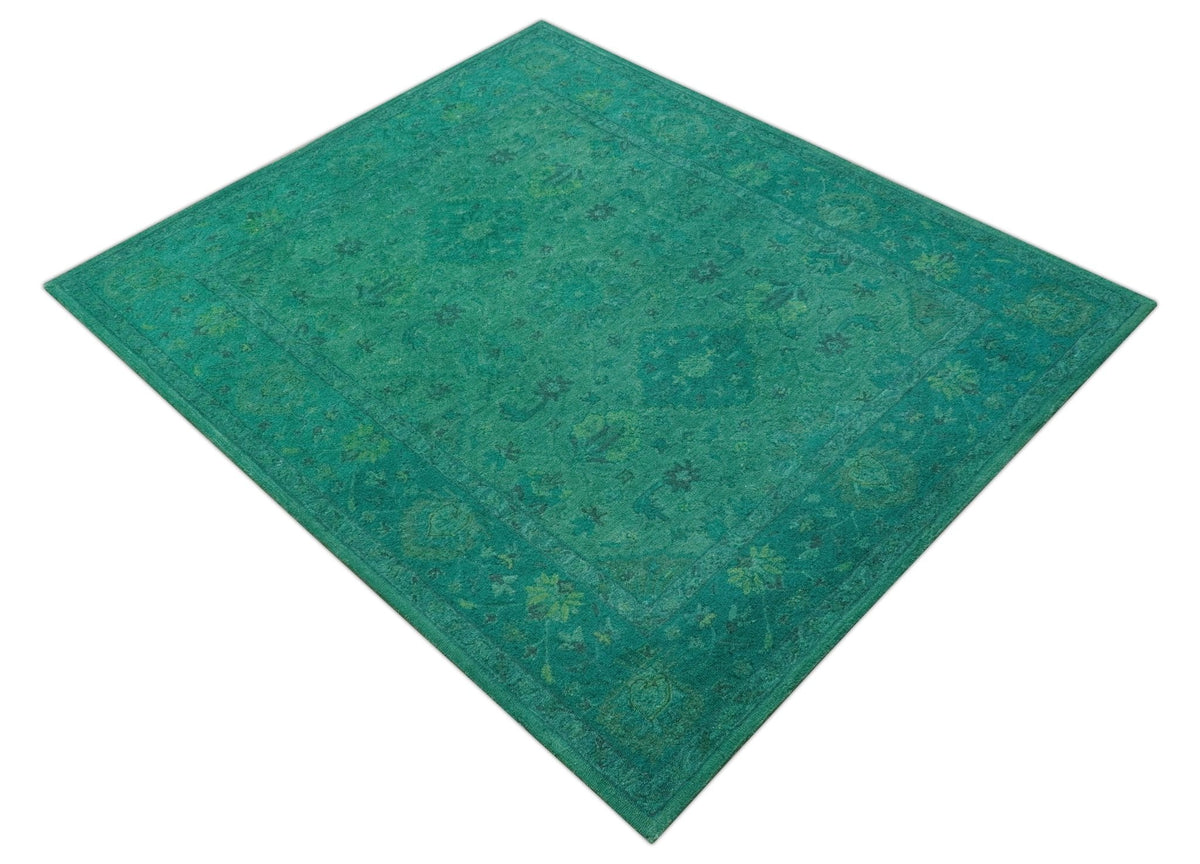 Custom Made Overdyed Traditional Oushak Green Hand Tufted Wool Area Rug.