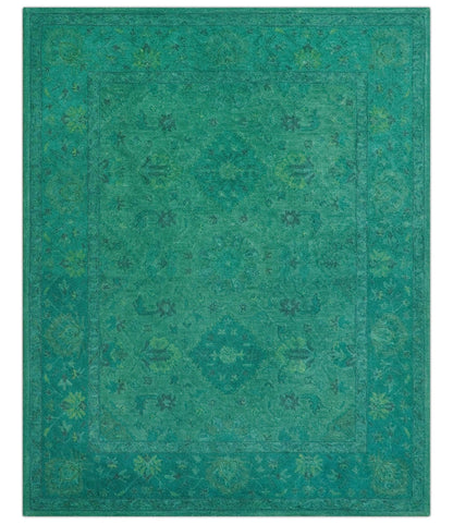 Custom Made Overdyed Traditional Oushak Green Hand Tufted Wool Area Rug.