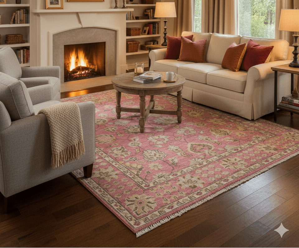 Custom Made Pink and Beige Oushak Hand Knotted Wool Rug.