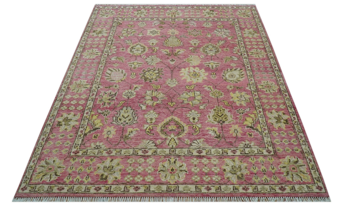 Custom Made Pink and Beige Oushak Hand Knotted Wool Rug.