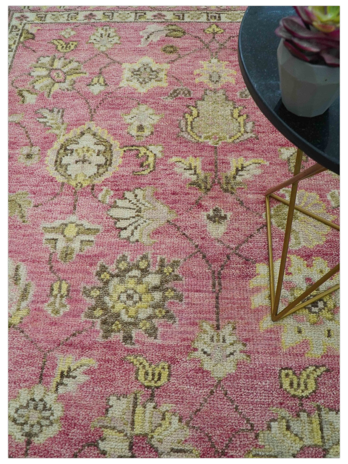Custom Made Pink and Beige Oushak Hand Knotted Wool Rug.