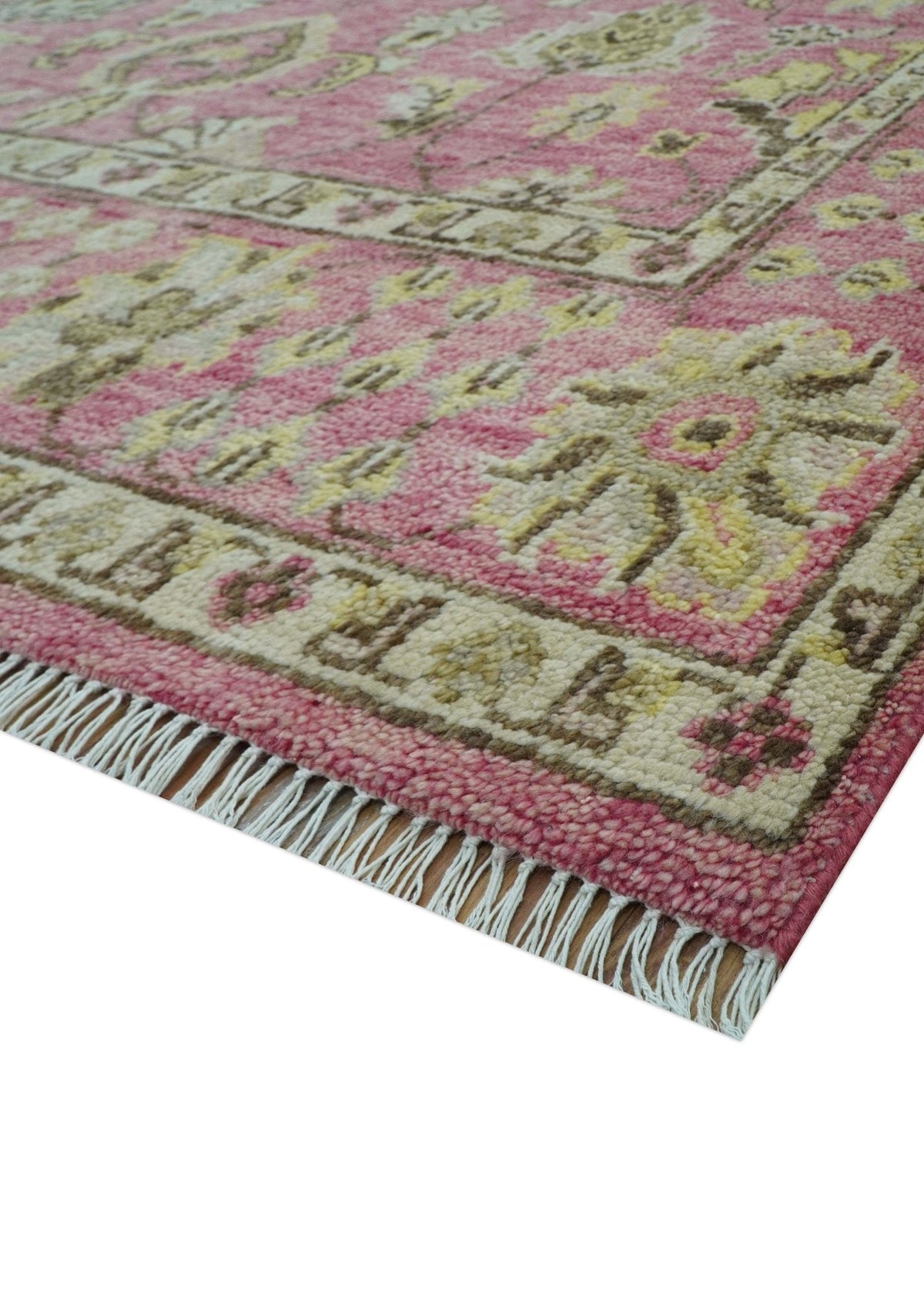 Custom Made Pink and Beige Oushak Hand Knotted Wool Rug.