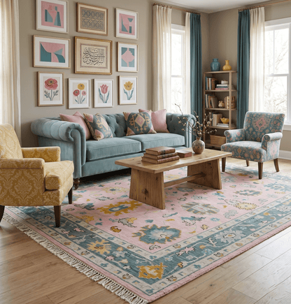 Custom Made Pink and Gray Hand knotted Traditional Oushak wool Area Rug.