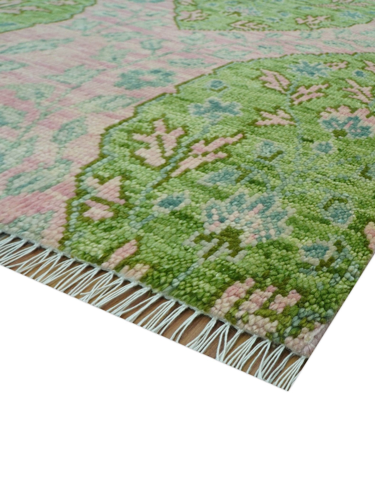 Custom Made Pink And Green Traditional Floral Motifs Design Hand Knotted wool area rug.