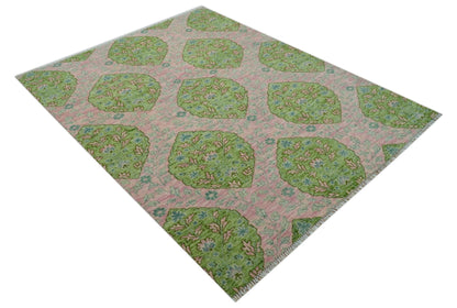 Custom Made Pink And Green Traditional Floral Motifs Design Hand Knotted wool area rug.