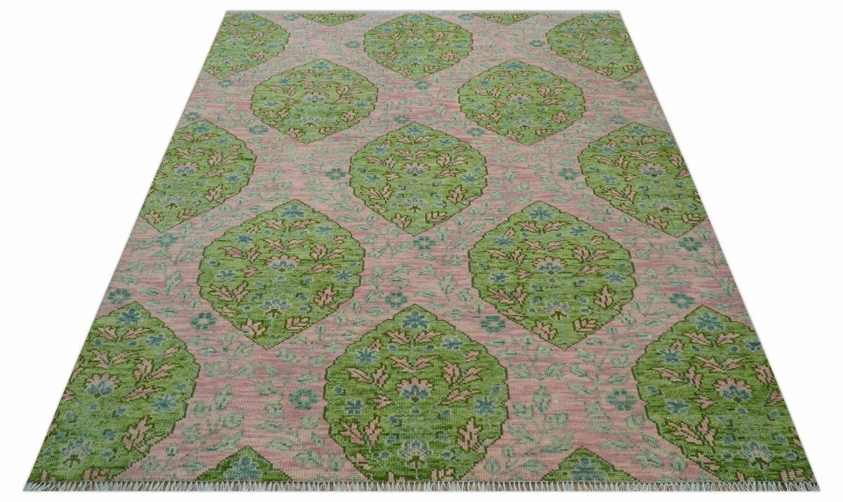 Custom Made Pink And Green Traditional Floral Motifs Design Hand Knotted wool area rug.