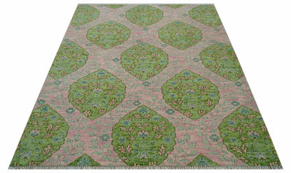 Custom Made Pink And Green Traditional Floral Motifs Design Hand Knotted wool area rug.