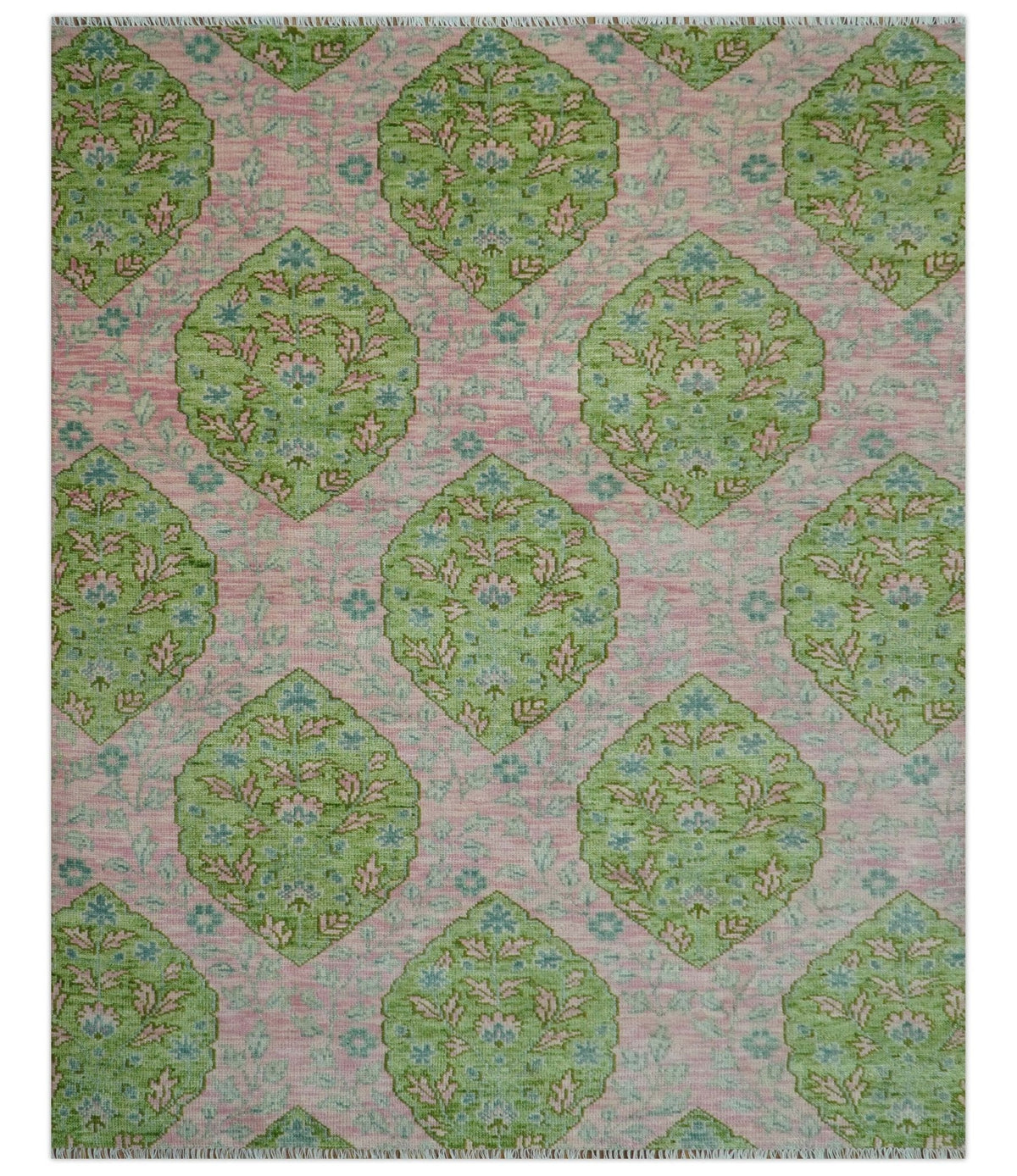 Custom Made Pink And Green Traditional Floral Motifs Design Hand Knotted wool area rug.