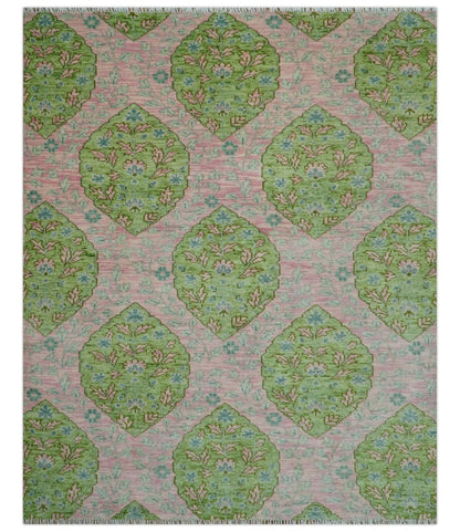Custom Made Pink And Green Traditional Floral Motifs Design Hand Knotted wool area rug.