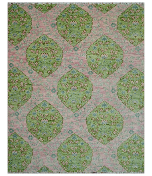 Custom Made Pink And Green Traditional Floral Motifs Design Hand Knotted wool area rug.
