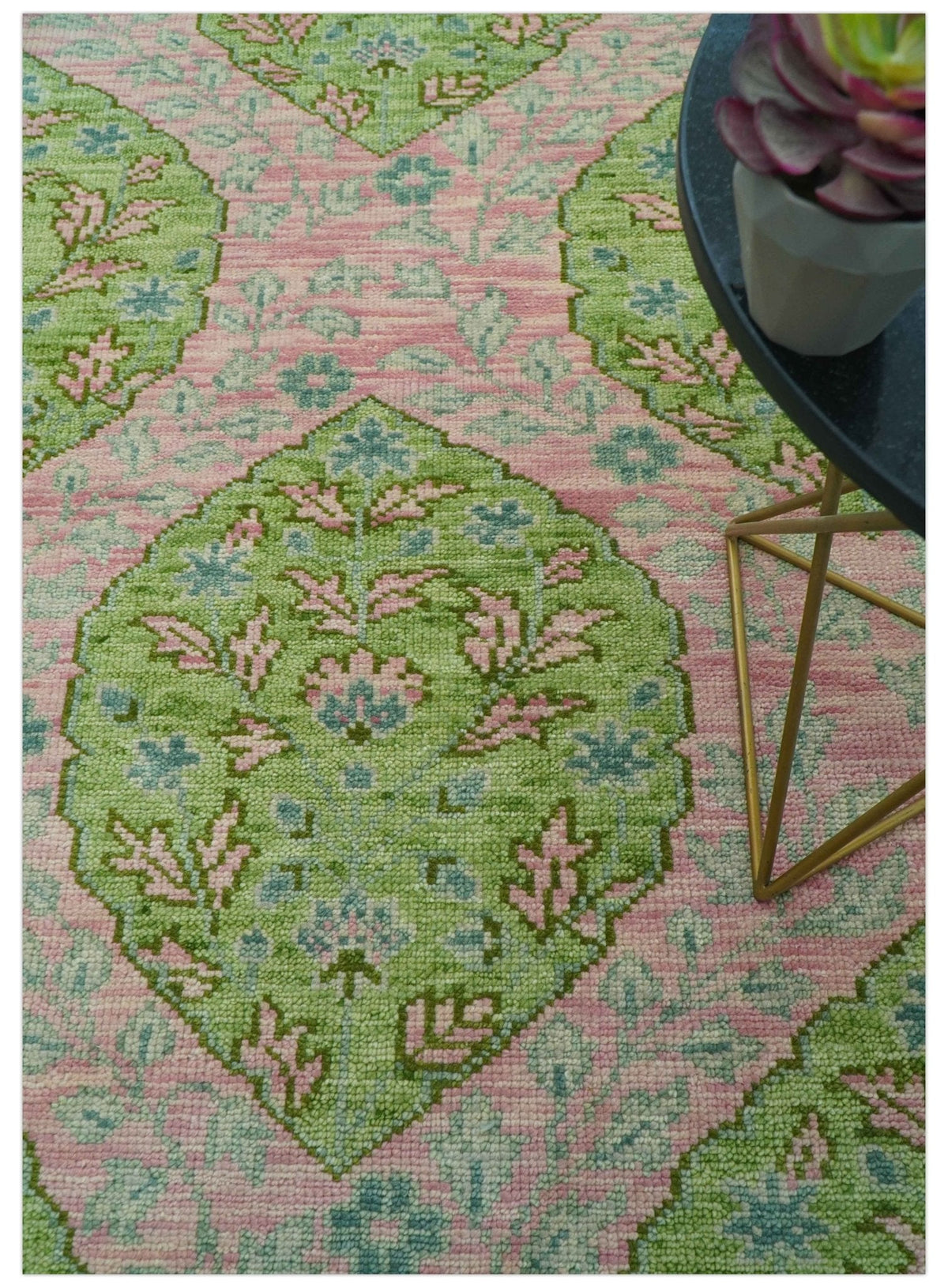 Custom Made Pink And Green Traditional Floral Motifs Design Hand Knotted wool area rug.