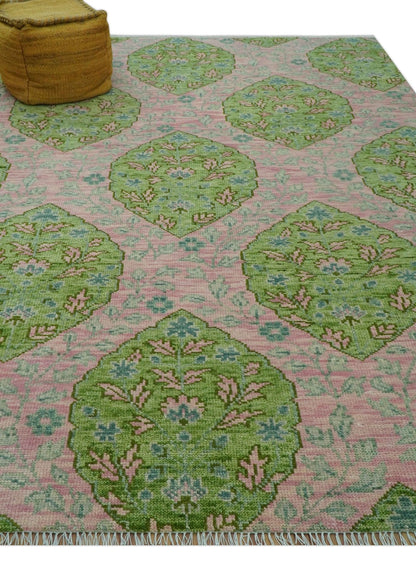 Custom Made Pink And Green Traditional Floral Motifs Design Hand Knotted wool area rug.