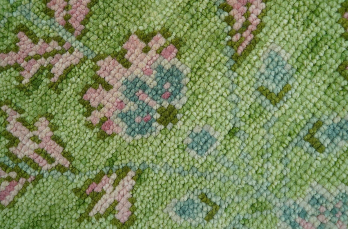 Custom Made Pink And Green Traditional Floral Motifs Design Hand Knotted wool area rug.
