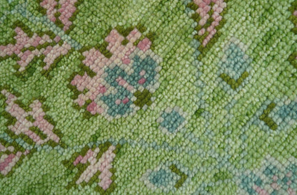 Custom Made Pink And Green Traditional Floral Motifs Design Hand Knotted wool area rug.