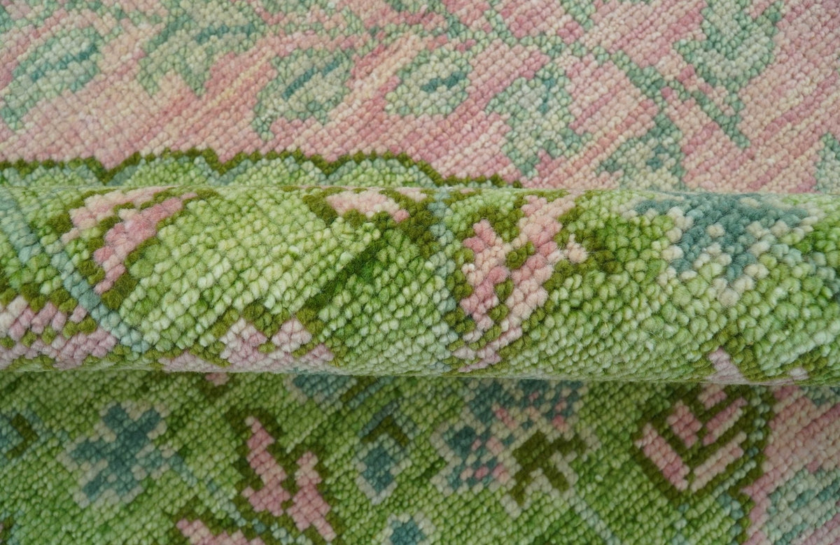 Custom Made Pink And Green Traditional Floral Motifs Design Hand Knotted wool area rug.