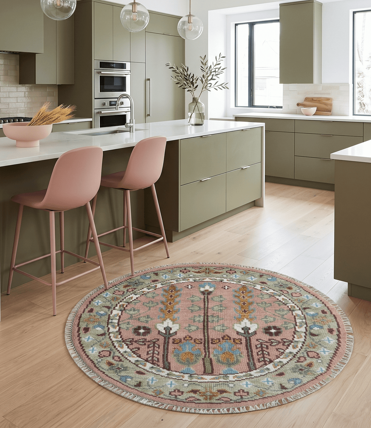 Custom Made Pink And Olive Tree of life Round Hand Knotted Wool Rug.