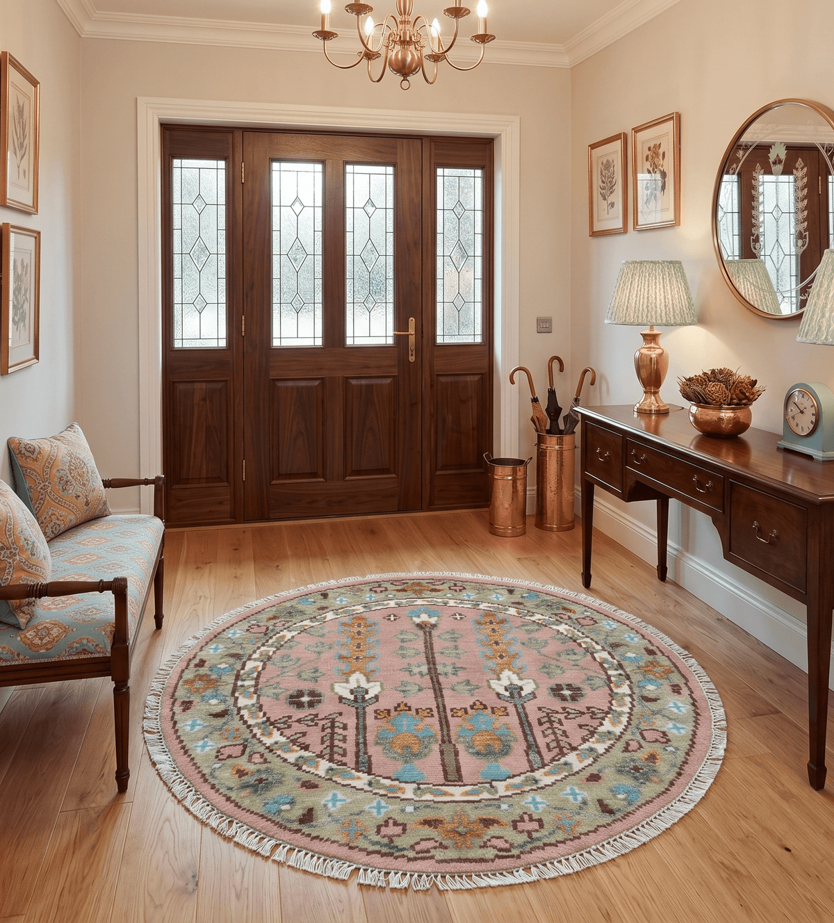 Custom Made Pink And Olive Tree of life Round Hand Knotted Wool Rug.