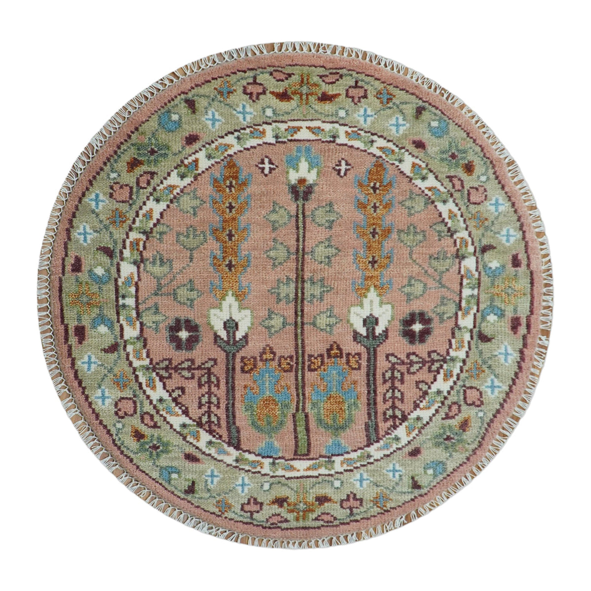 Custom Made Pink And Olive Tree of life Round Hand Knotted Wool Rug.