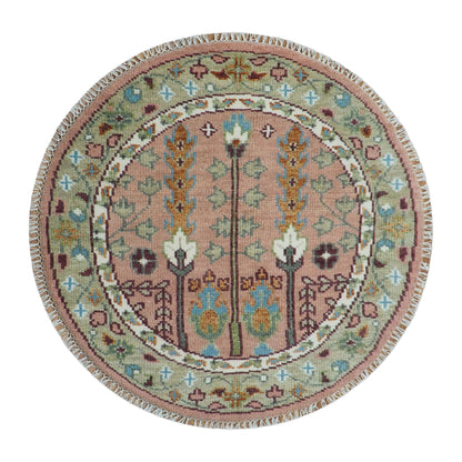 Custom Made Pink And Olive Tree of life Round Hand Knotted Wool Rug.