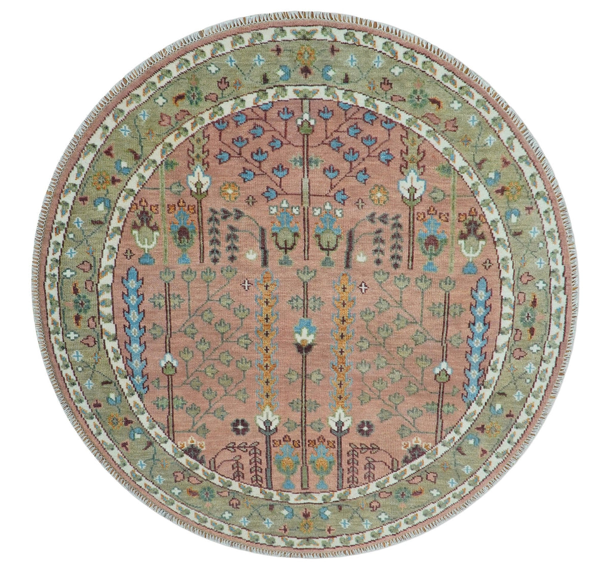 Custom Made Pink And Olive Tree of life Round Hand Knotted Wool Rug.
