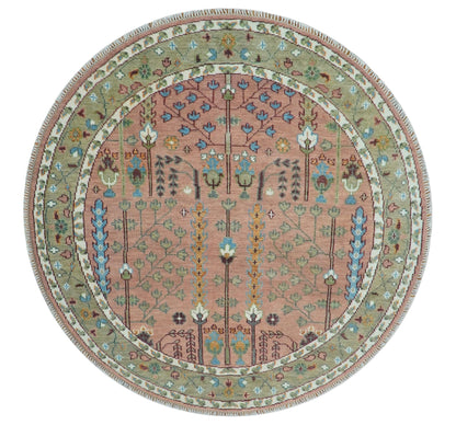 Custom Made Pink And Olive Tree of life Round Hand Knotted Wool Rug.