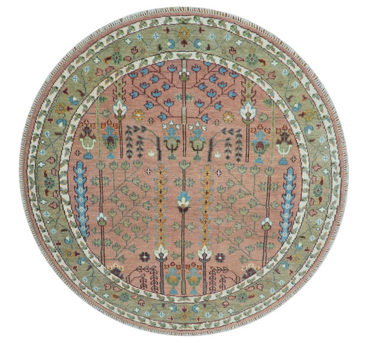 Custom Made Pink And Olive Tree of life Round Hand Knotted Wool Rug.