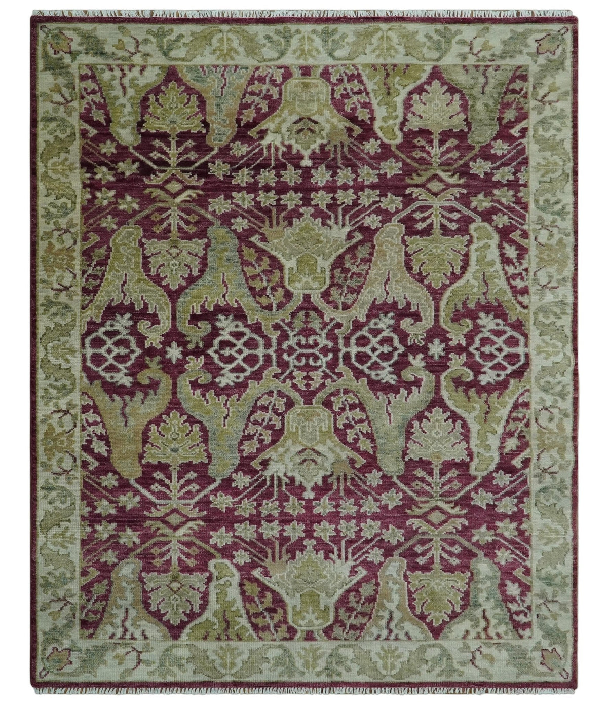 Custom Made Plum and Olive Traditional Dragon Oushak Design Hand knotted wool rug.
