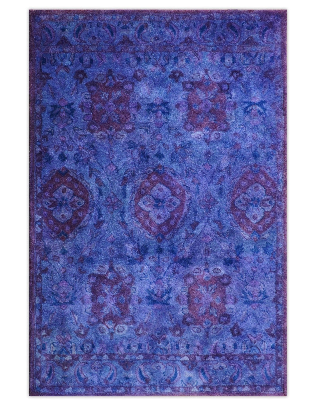 Custom Made Hand Tufted Blue Traditional Style Overdyed Wool Area Rug.