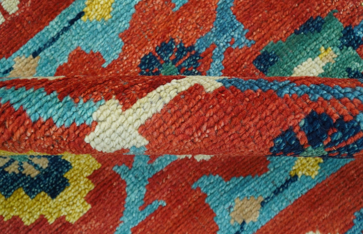 Custom Made Red And Blue Traditional Floral Motifs Hand Knotted Wool Rug.