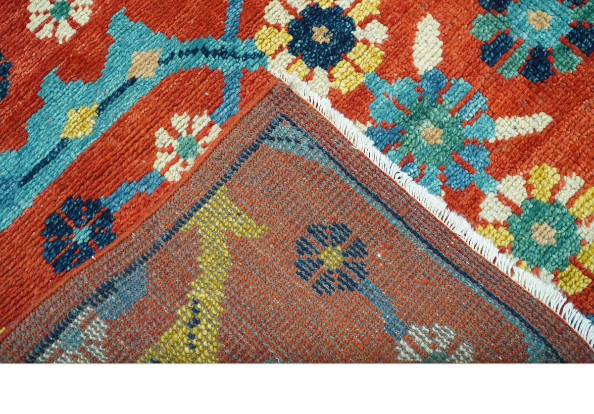 Custom Made Red And Blue Traditional Floral Motifs Hand Knotted Wool Rug.