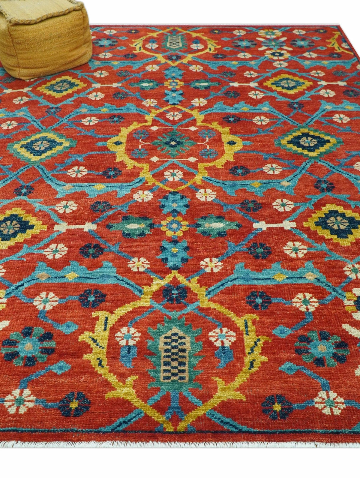 Custom Made Red And Blue Traditional Floral Motifs Hand Knotted Wool Rug.