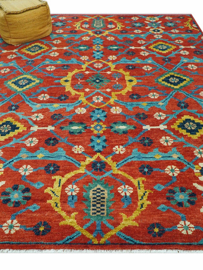 Custom Made Red And Blue Traditional Floral Motifs Hand Knotted Wool Rug.