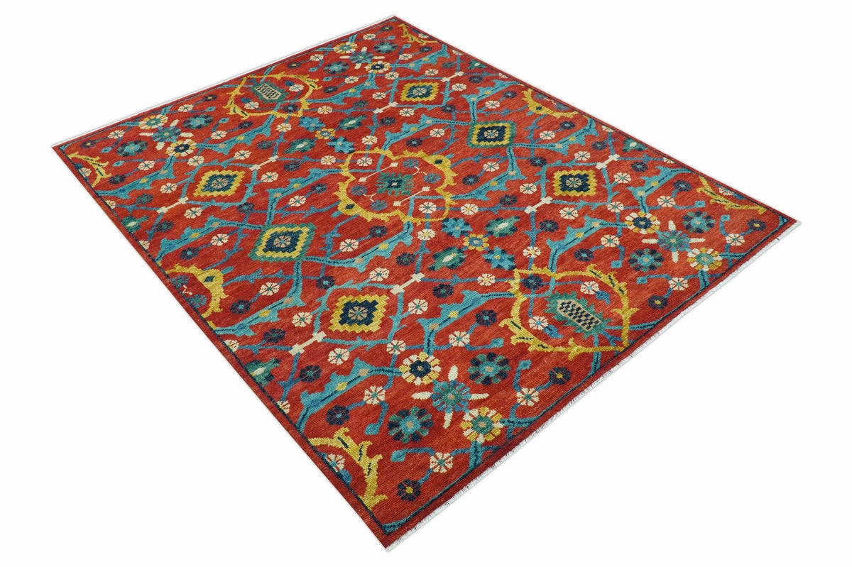 Custom Made Red And Blue Traditional Floral Motifs Hand Knotted Wool Rug.